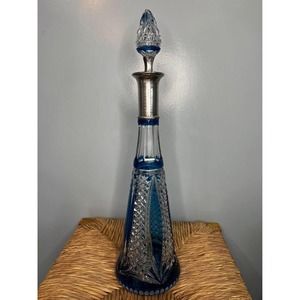 Decorative Cobalt Blue Glass Decanter With Solid Silver Rim.